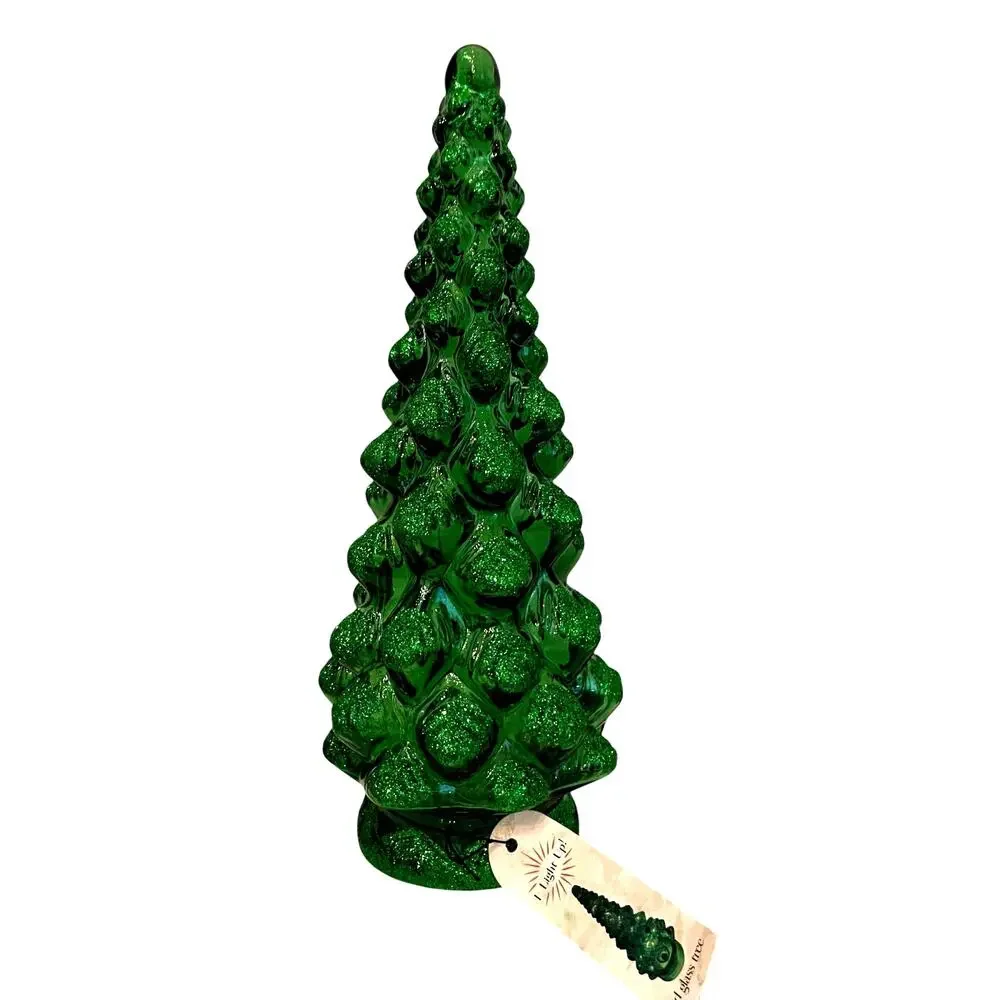 Illuminated Green Glitter Glass Christmas Tree 15.5in Chic Holiday Decor New